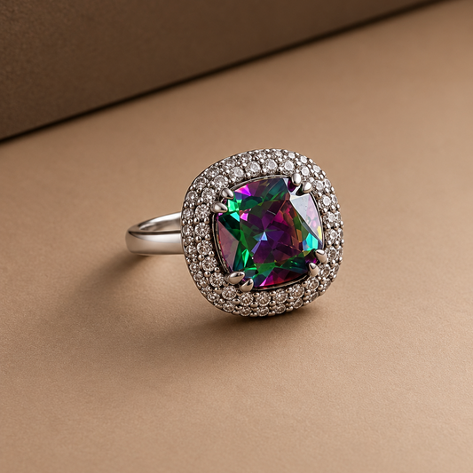 Anillo Topacio Místico Una pieza de presencia sofisticada, elaborada en Plata 925 con recubrimiento de rodio.
